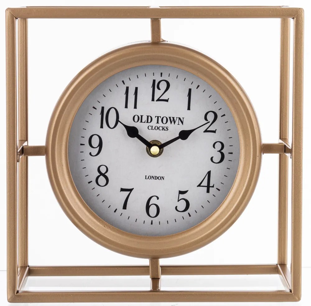 Old Town Clocks aranysárga vastag fémkeretes kerek kvarc asztali óra arab számokkal 22x22x10cm