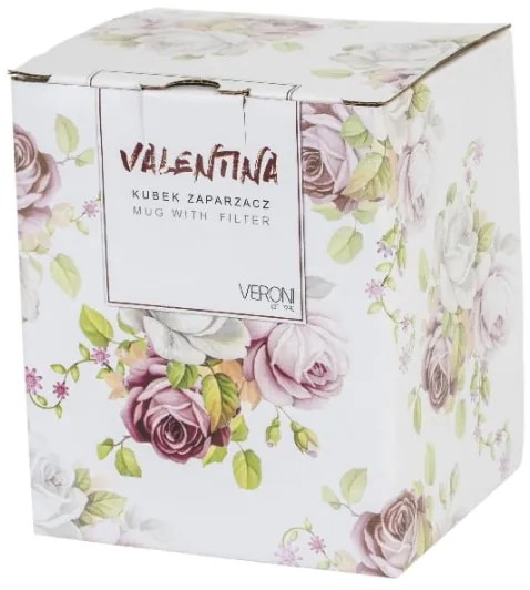 Porcelán teás bögre tetővel és fémszűrővel 430 ml leveles
