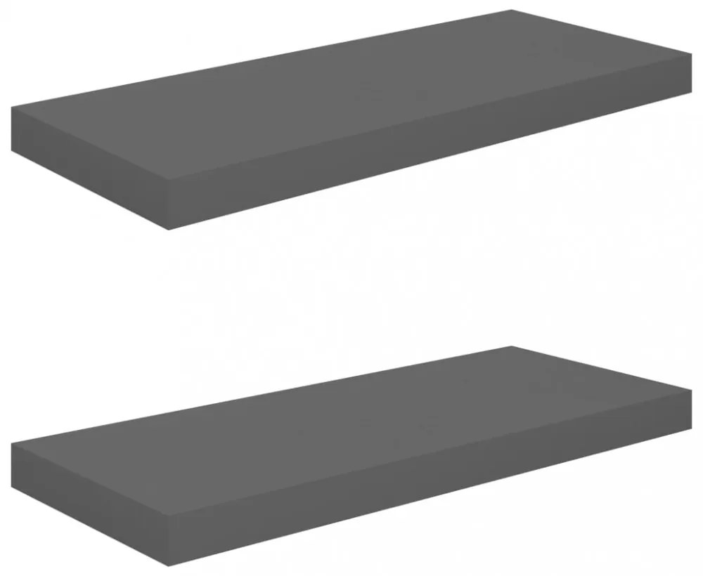 2 db magasfényű szürke MDF lebegő fali polc 60 x 23,5 x 3,8 cm