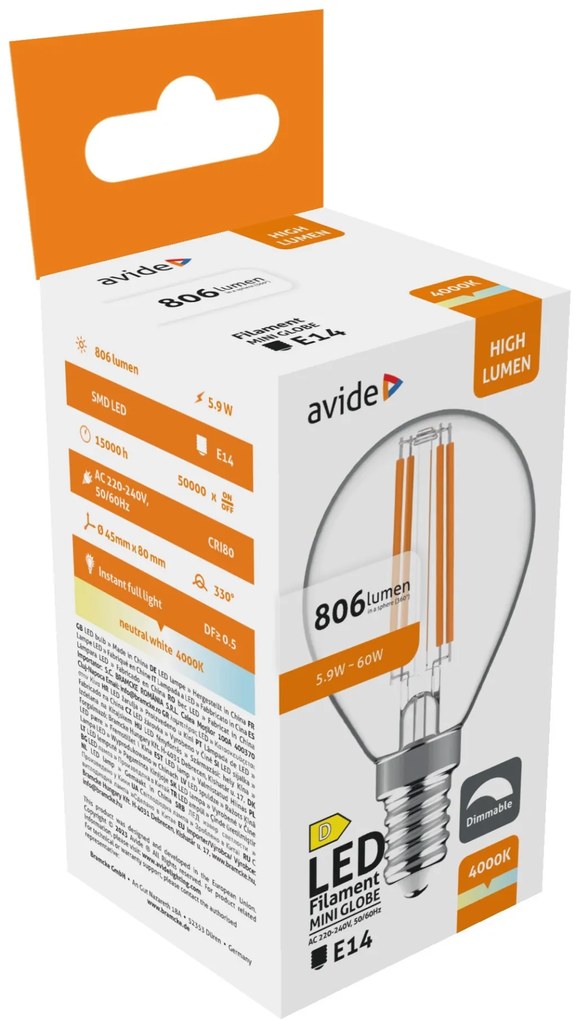 Avide LED Filament Mini Globe 5.9W E14 NW 4000K Fényerőszabályozható