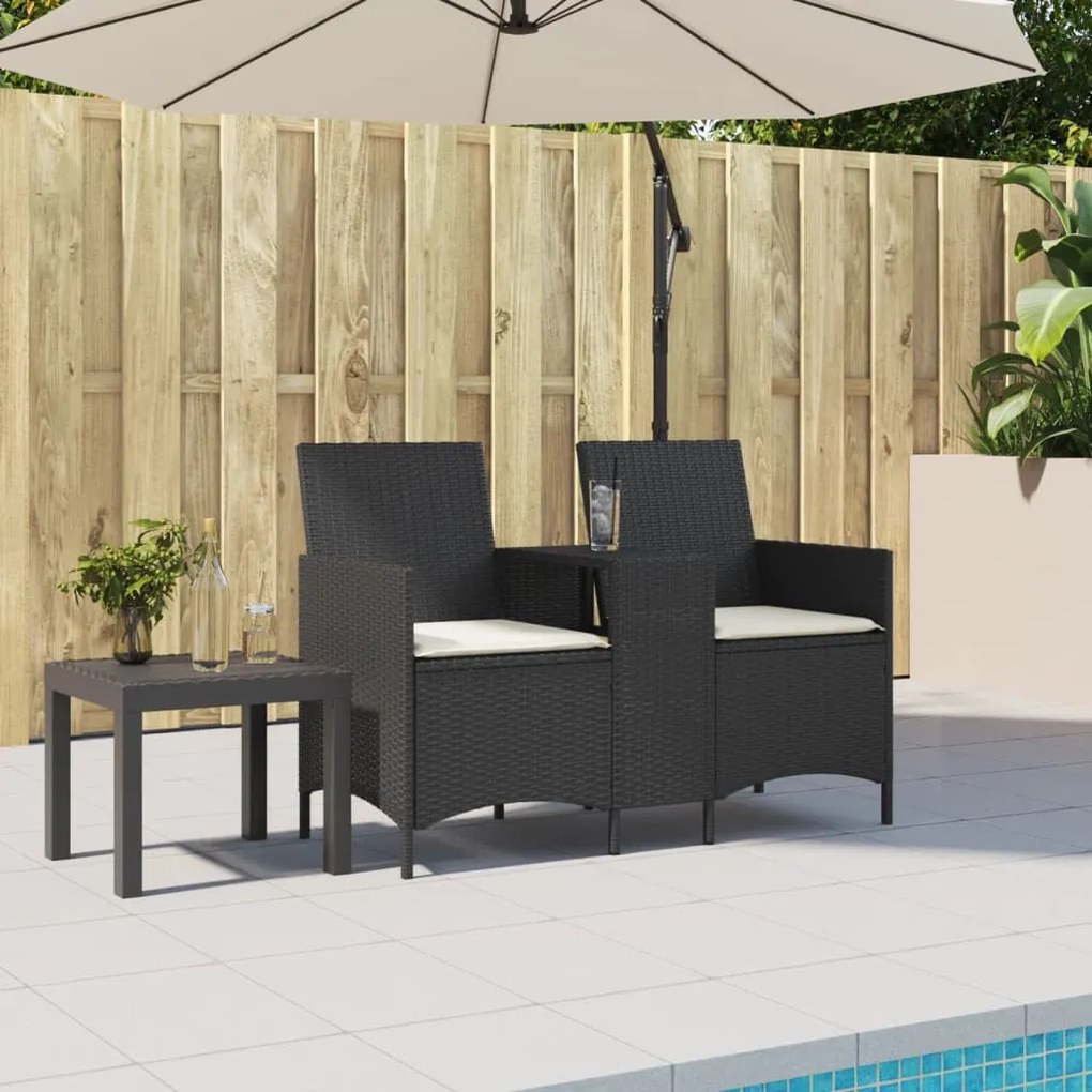 2 személyes fekete polyrattan kerti kanapé asztallal / párnával
