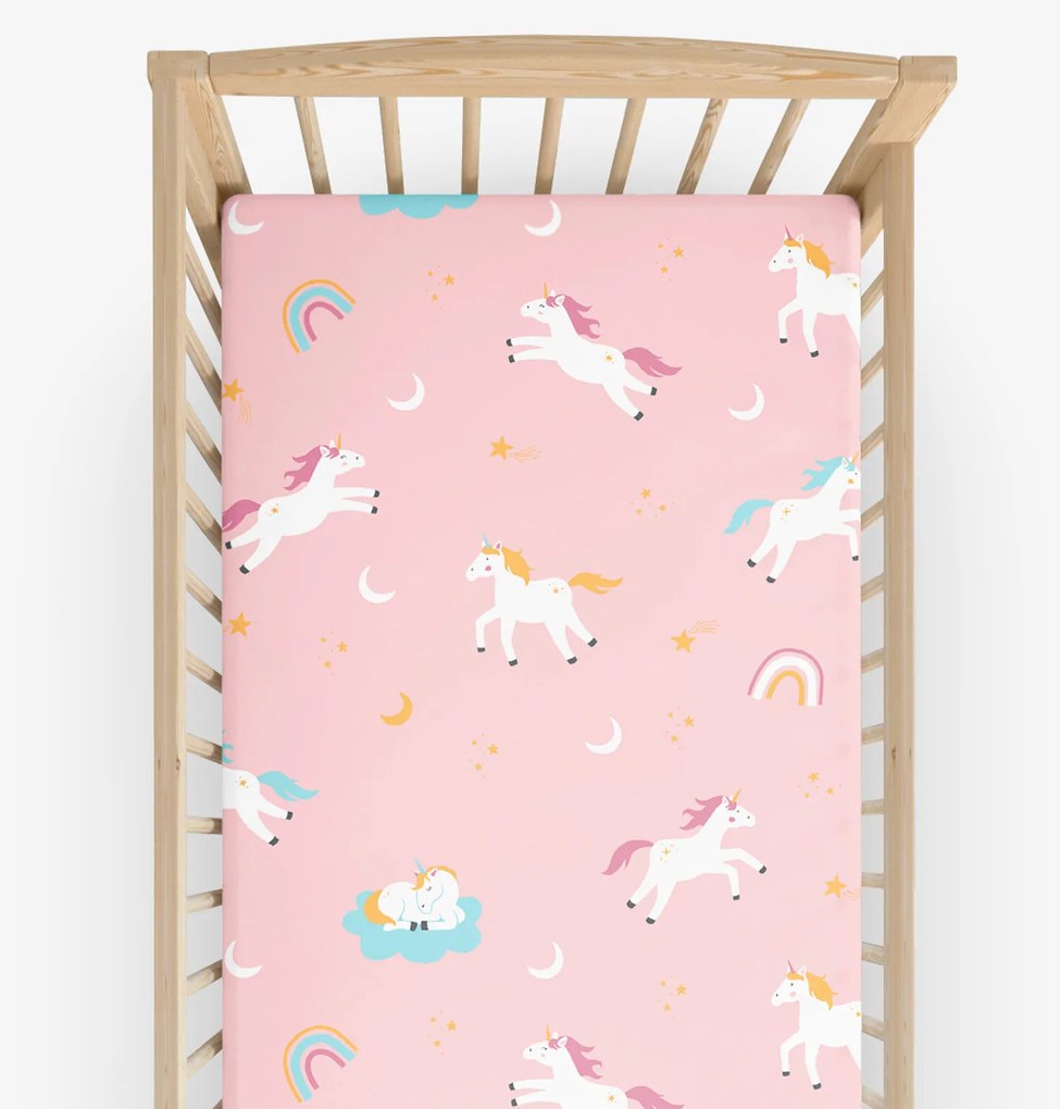 Goldea gyermek körgumis pamut lepedő kiságyba - vidám egyszarvúak 60 x 120 cm