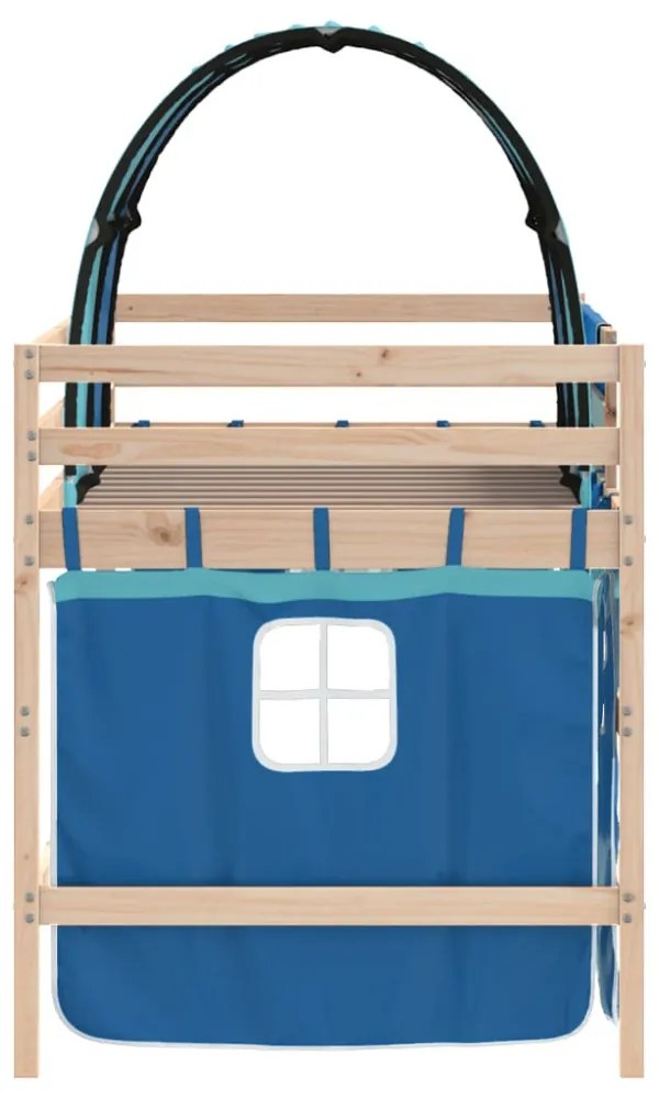 kék tömör fenyőfa gyerek galériaágy alagúttal 90 x 190 cm