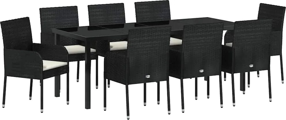 vidaXL Kert étkező szett párnával 9 pcs Fekete polirattan