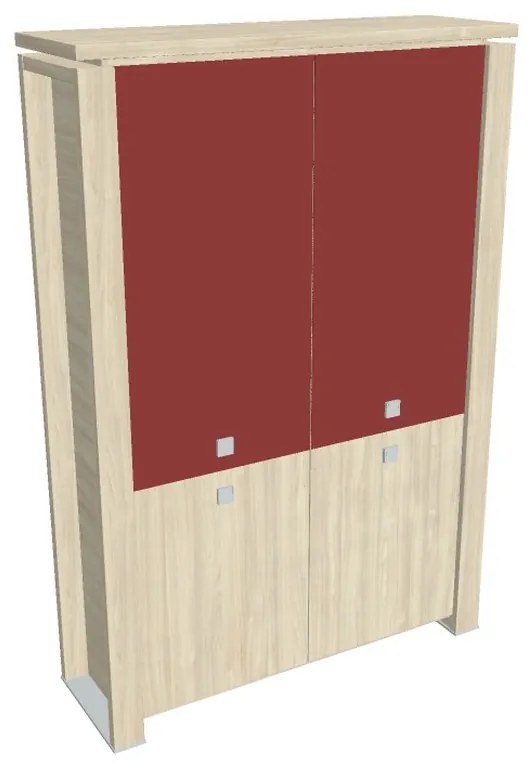 Verno+ magas szekrény 140 x 46 x 210 cm, kombinált ajtó, akác / piros