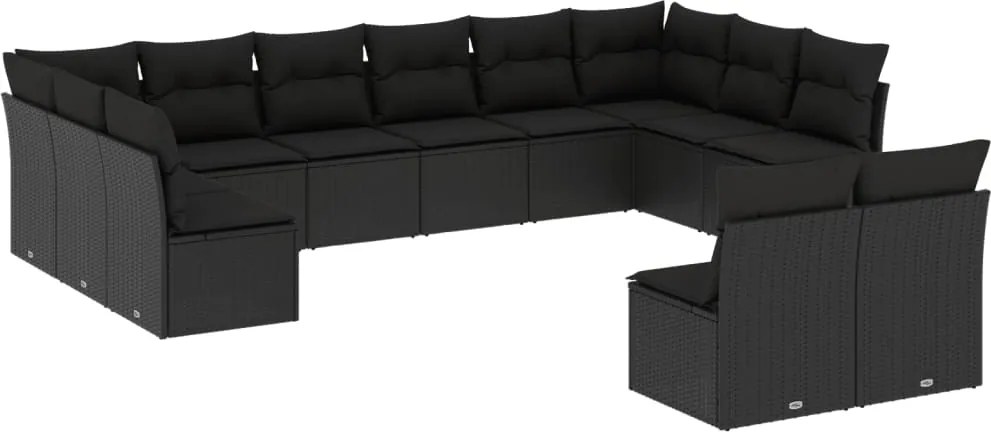 vidaXL 12 részes fekete polyrattan kerti ülőgarnitúra párnákkal