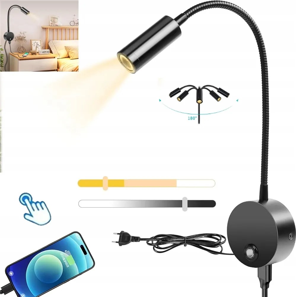 Fali Lámpa Állítható Éjjeli Lámpa Hajlékony Keret Fekete Az Olvasóágy Felett