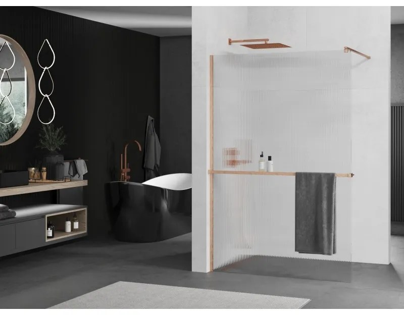 Mexen Kioto+, Walk-In zuhanyparaván polccal és akasztóval 80 x 200 cm, 8 mm-es üveg bordás mintával, réz matt profil, 800-080-121-65-09