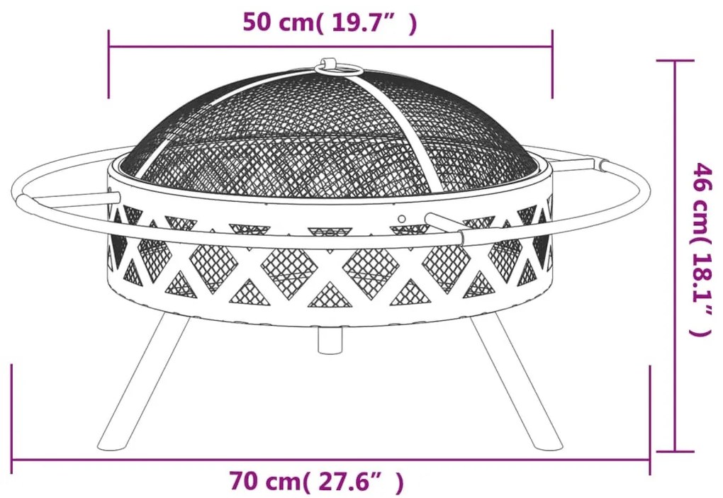 acél XXL méretű tűztál piszkavassal 70 cm