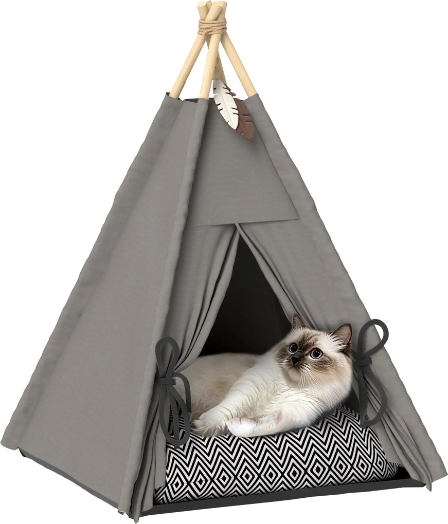 PawHut Tipee sátor kisállatoknak, macska sátor levehető és mosható párnával, macska ház csúszásmentes aljúval, játék labdával, 5 kg alatti macskáknak,