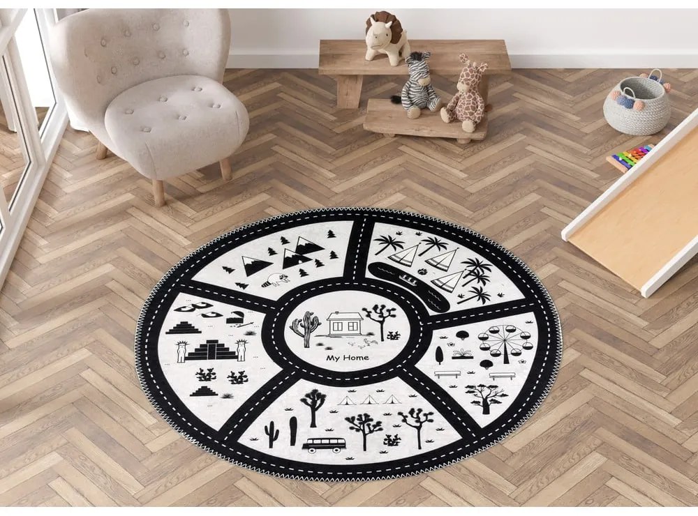 Fekete-fehér mosható gyerek játszószőnyeg ø120 cm My Home – Vitaus