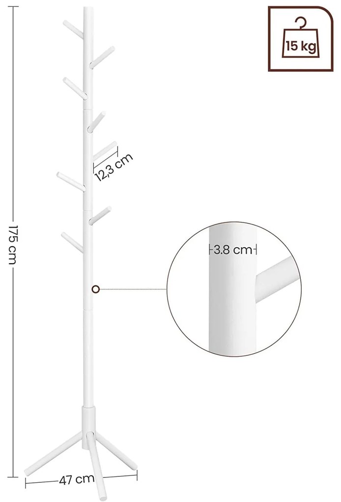 Álló fogas, tömörfa kabáttartó 3 magassági opcióval, fehér