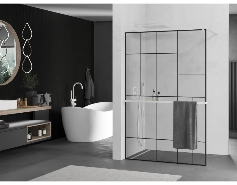 Mexen Kioto+, Walk-In zuhanyparaván polccal és akasztóval 70 x 200 cm, 8 mm átlátszó üveg fekete mintás, fehér profil, 800-070-121-20-78
