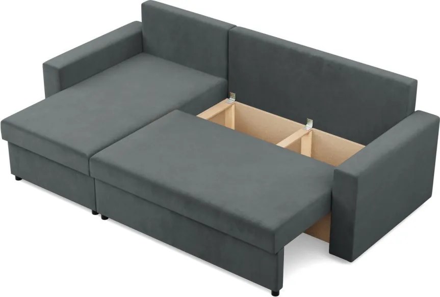 Zeus sarokkanapé, 1 ágyneműtartóval, egyenes kartámasz, bársony, univerzális oldal, bonell töltet, szürke