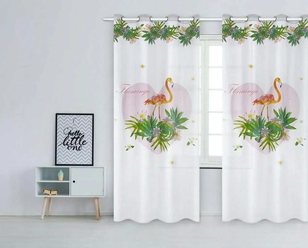 Flamingós kész függöny 140x250 pálmákkal, virágokkal és szívvel