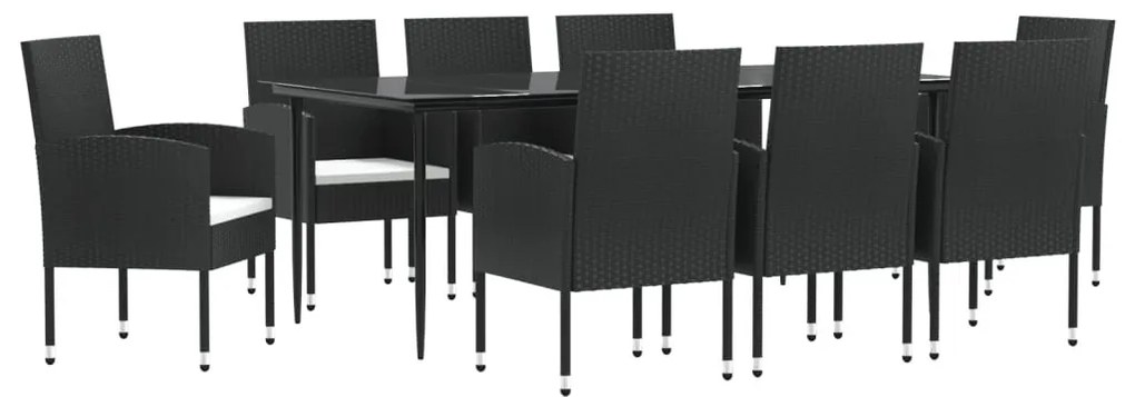 9 részes fekete polyrattan és acél kerti étkezőgarnitúra