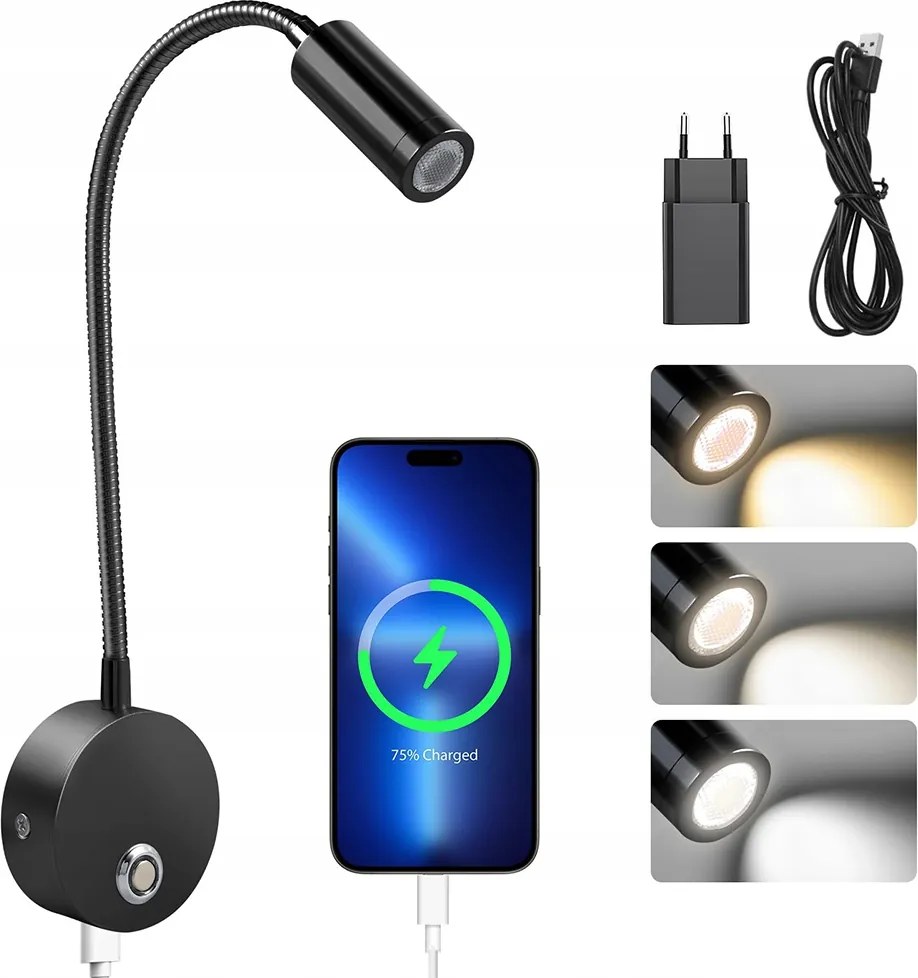 Fali Lámpa Állítható Éjjeli Lámpa Hajlékony Keret Fekete Az Olvasóágy Felett