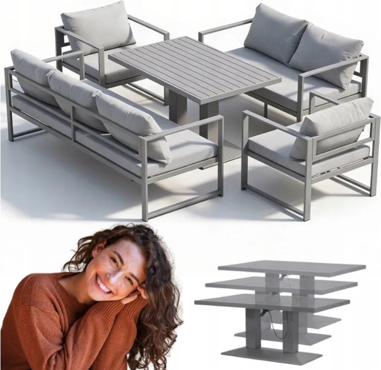 Kerti Bútor Szett Fém Sansebastian Emelhető Asztal Szürke Prémium