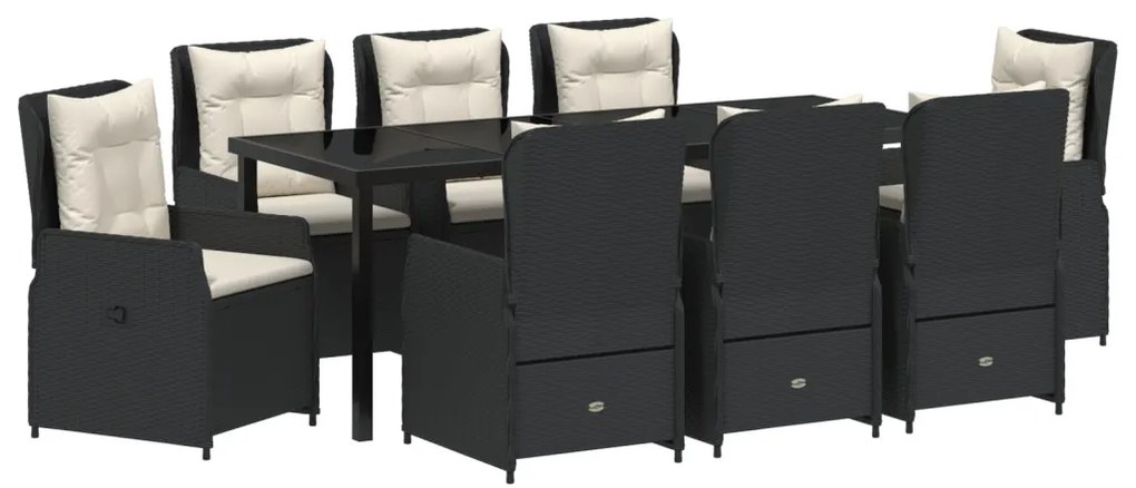 9 Darabos Kert Étkező Szett Fekete Poly Rattan, Kert Asztal Fekete 200x80x73 cm Edzett Üveg