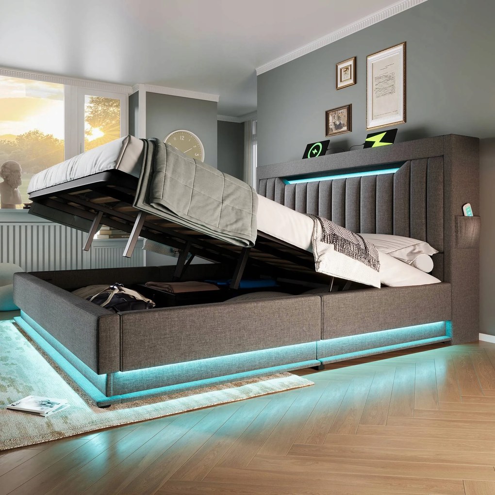 Kárpitozott ágy Hidraulikus dupla ágy Led Usb C 160X200CM szürke