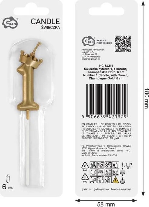 Arany Champagne Crown 1-es számgyertya, tortagyertya 6 cm