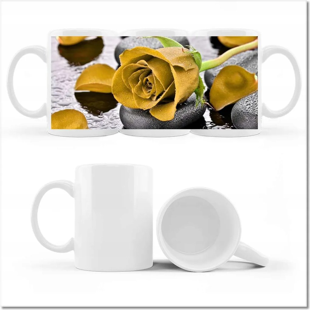 Fényképes bögre Sárga rózsa köveken