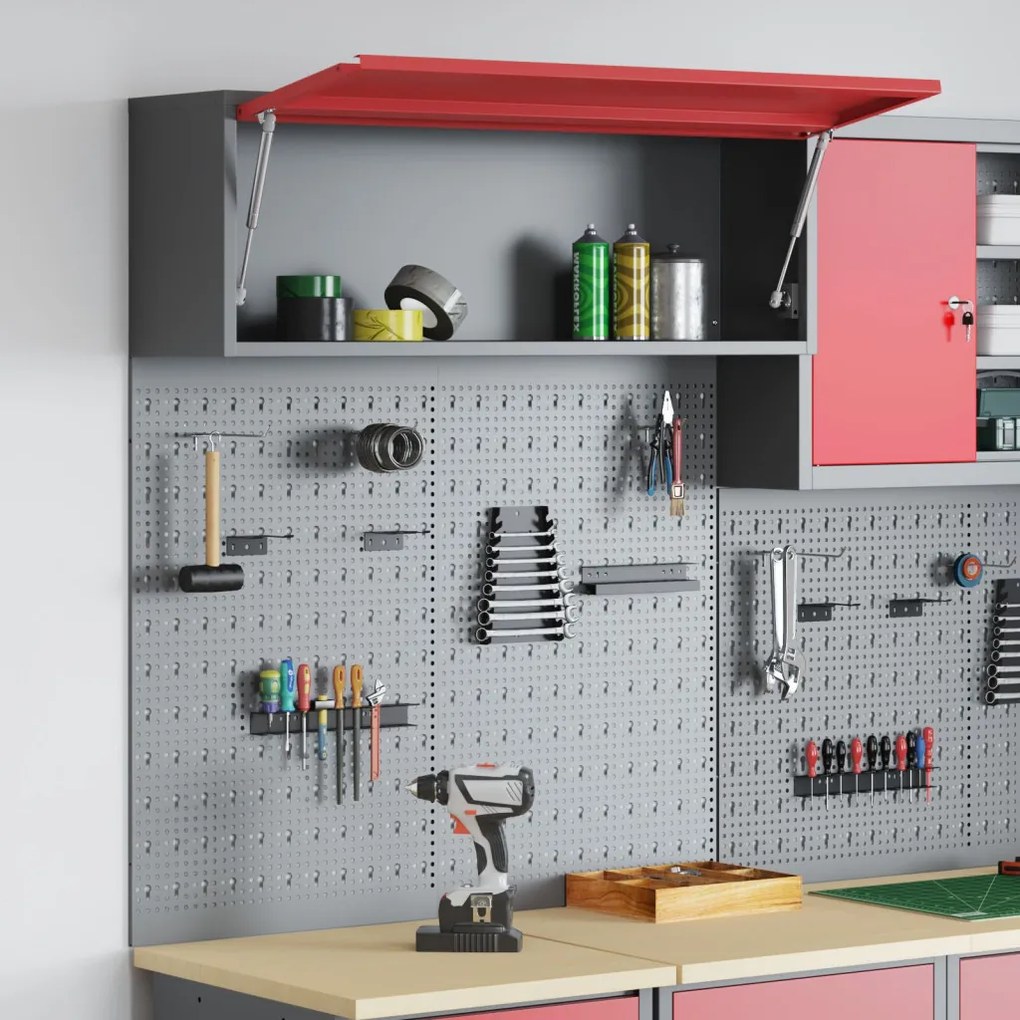 3 darabos szerszámos szekrény és pegboard készlet - Fali felszerelés, Piros, Fém