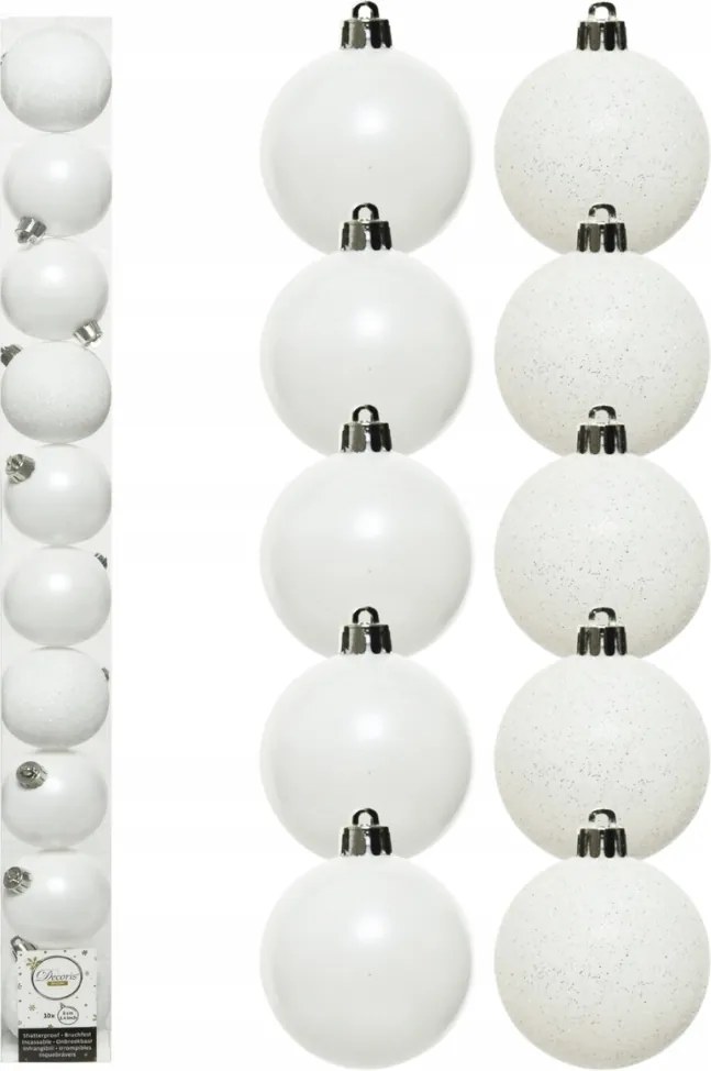 Műanyag gömbök kész szett 6cm karácsonyfára x10 fehér karácsonyfa
