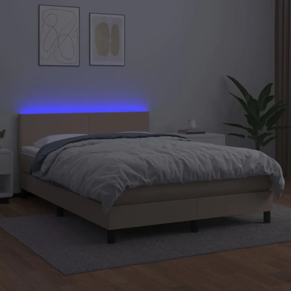 cappuccino színű műbőr rugós ágy matraccal és LED-del 140x200cm