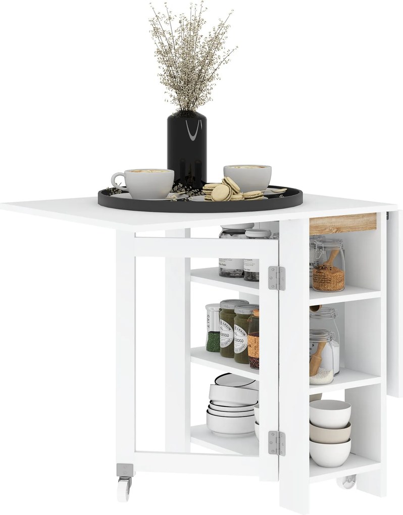 HOMCOM Összecsukható Asztal Kibővíthető Szárnyakkal Étkezőasztal Összecsukható Konyhai Asztal 2 Kerekekkel és Polcokkal Modern Stílus 120x60x75 cm Feh