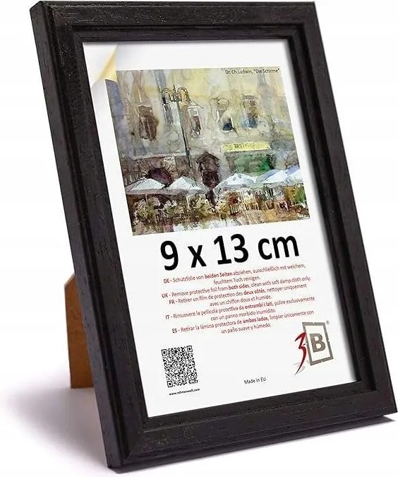 Képkeret kicsi 9x13 cm, tartóval, fa, fekete keret