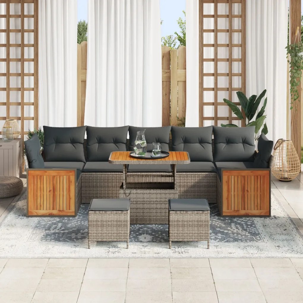 10 Darabos Kerti Sofa Készlet Párnákkal Szürke Poli Rattanból Akácos, 2-Fős Kerti Sofa Párnákkal Szürke Poli Rattanból, 3 Darabos Kerti Étkező Készlet Párnákkal Szürke Poli Rattanból Akácos