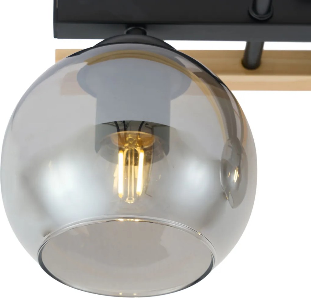 Smart plafondlamp zwart met hout en smoke glas 3-lichts incl. Wifi A60 - Aleks