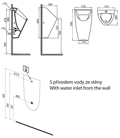 Bruckner - Piszoár SCHWARN hátsó bemenet, hátsó szifon kerámia/fehér