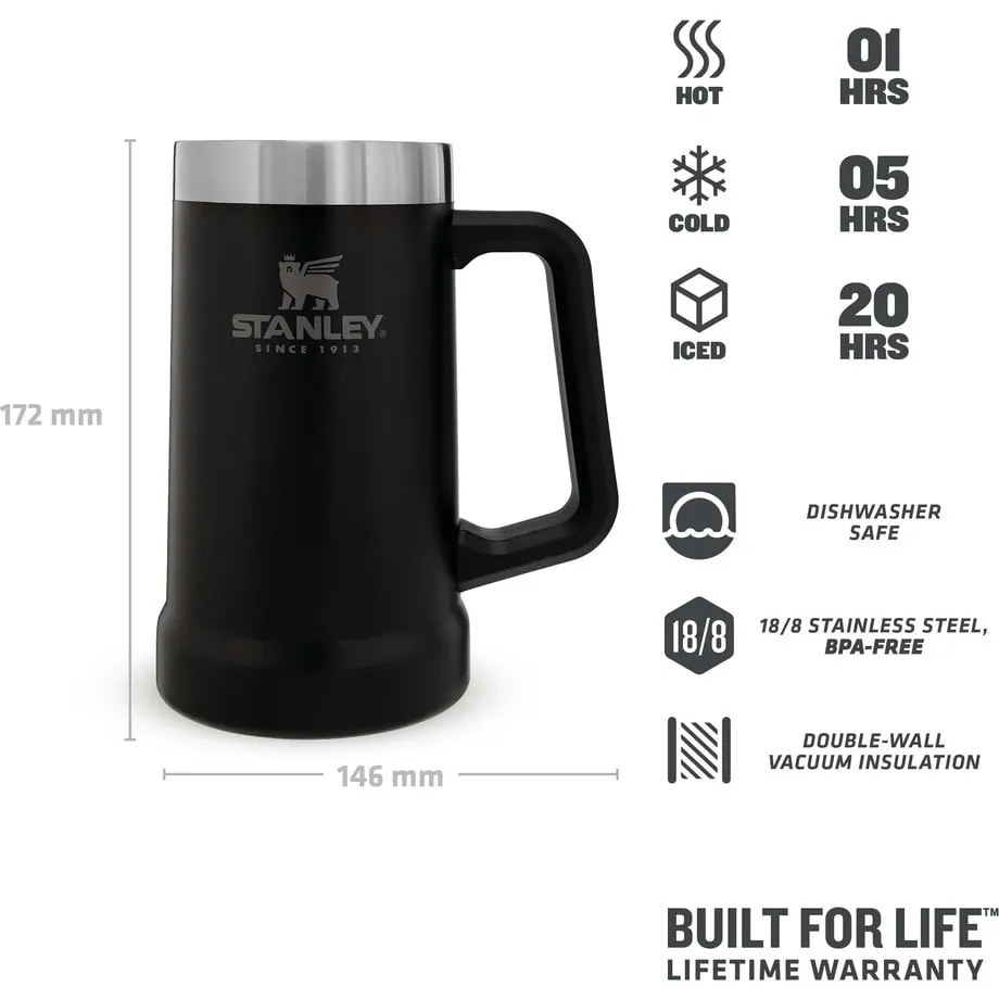Fekete rozsdamentes acél termobögre 700 ml The Big Grip Beer Stein Black – Stanley