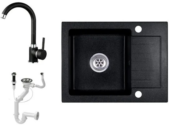 Laneo V575-44C Gránit Mosogató + Csap + Dugóemelő (fekete)