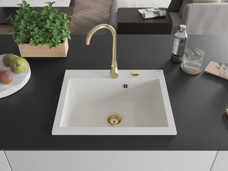 Mexen Elix gránit mosogató 1-medencés 600 x 500 mm, fehér, arany szifon - 6525601005-20-G