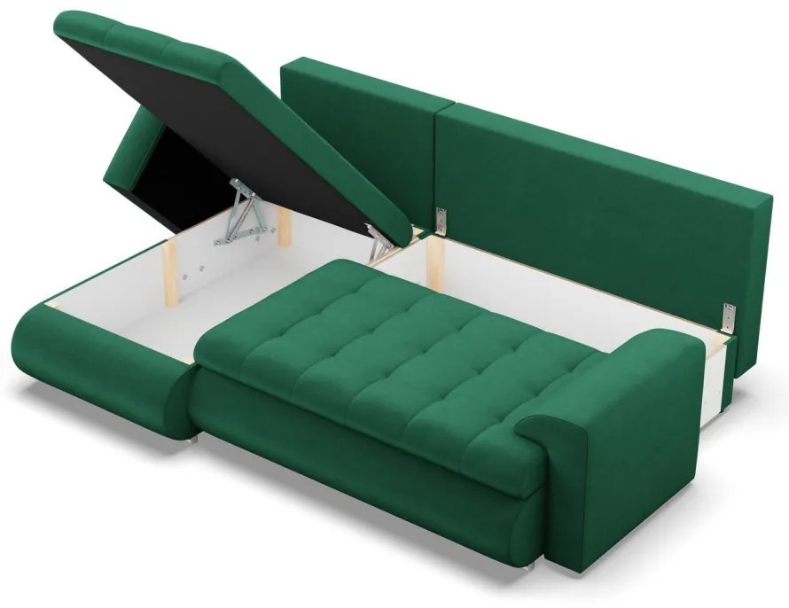 Tokio sarokkanapé, 2 ágyneműtartóval, bársony, baloldali, zöld