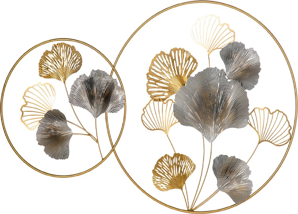 HOMCOM 3D Fém Fali Dísz, Arany Ginkó Levél Motívummal, Két Kerek Keretben, 102x66.2 cm, Arany és Ezüst | Aosom