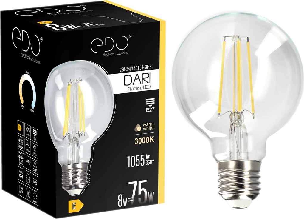 Filament Led izzó E27 G80 Clear 8W 3000K meleg 1055lm Edo