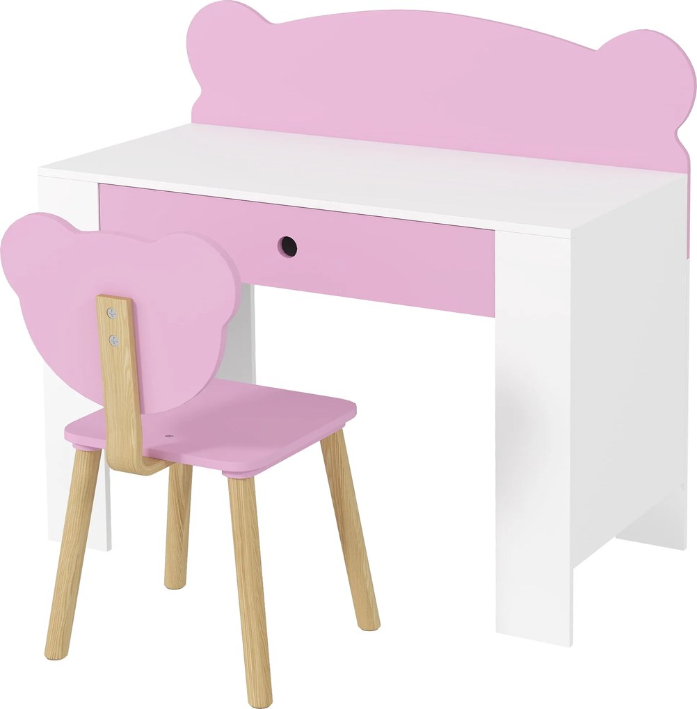 AIYAPLAY Gyerekasztal Szett Asztallal és Fiókkal - Medveformájú Gyerekasztal és Szék Fiúknak és Lányoknak - Rózsaszín | Aosom