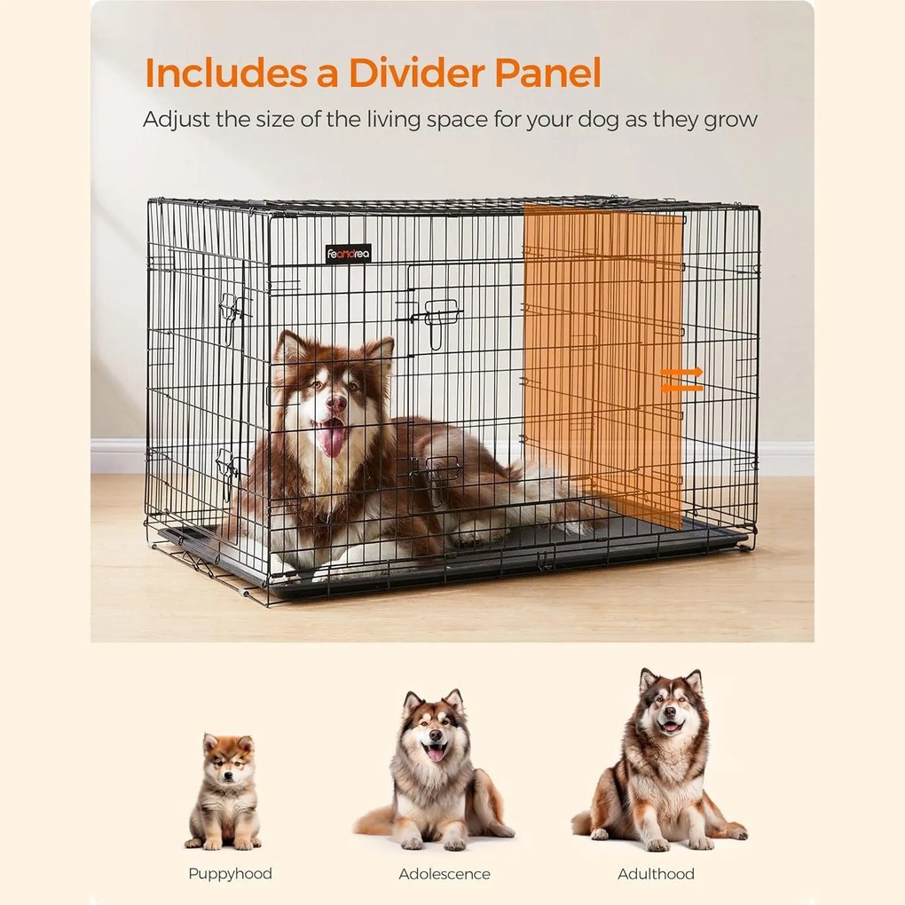 2 ajtós összecsukható ketrec, kutyaszállító ketrec 122x74,5x80,5 cm, fekete | FEANDREA