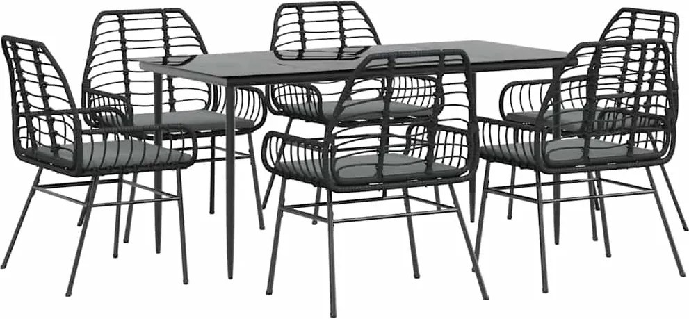 vidaXL 7 részes fekete polyrattan üveg kerti étkezőgarnitúra párnákkal