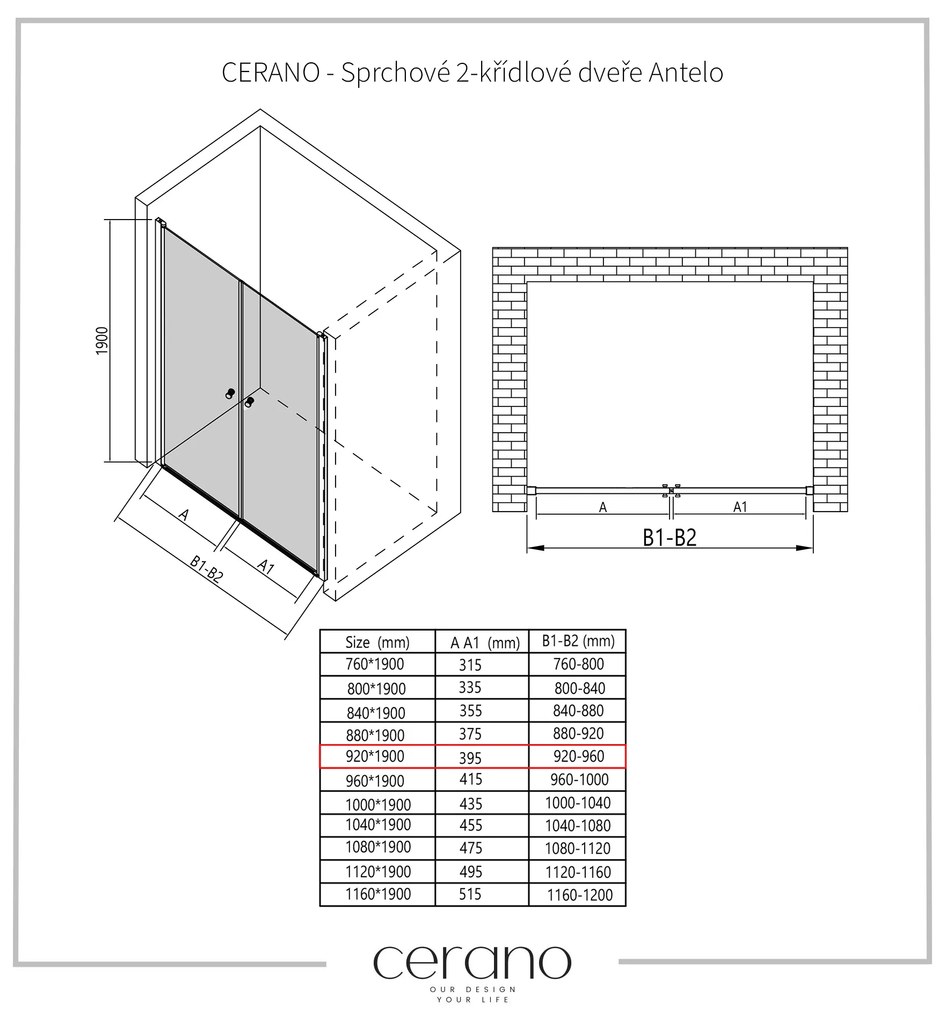 CERANO - Antelo L/P 2-szárnyú zuhanyajtó - króm, átlátszó üveg - 92x190 cm