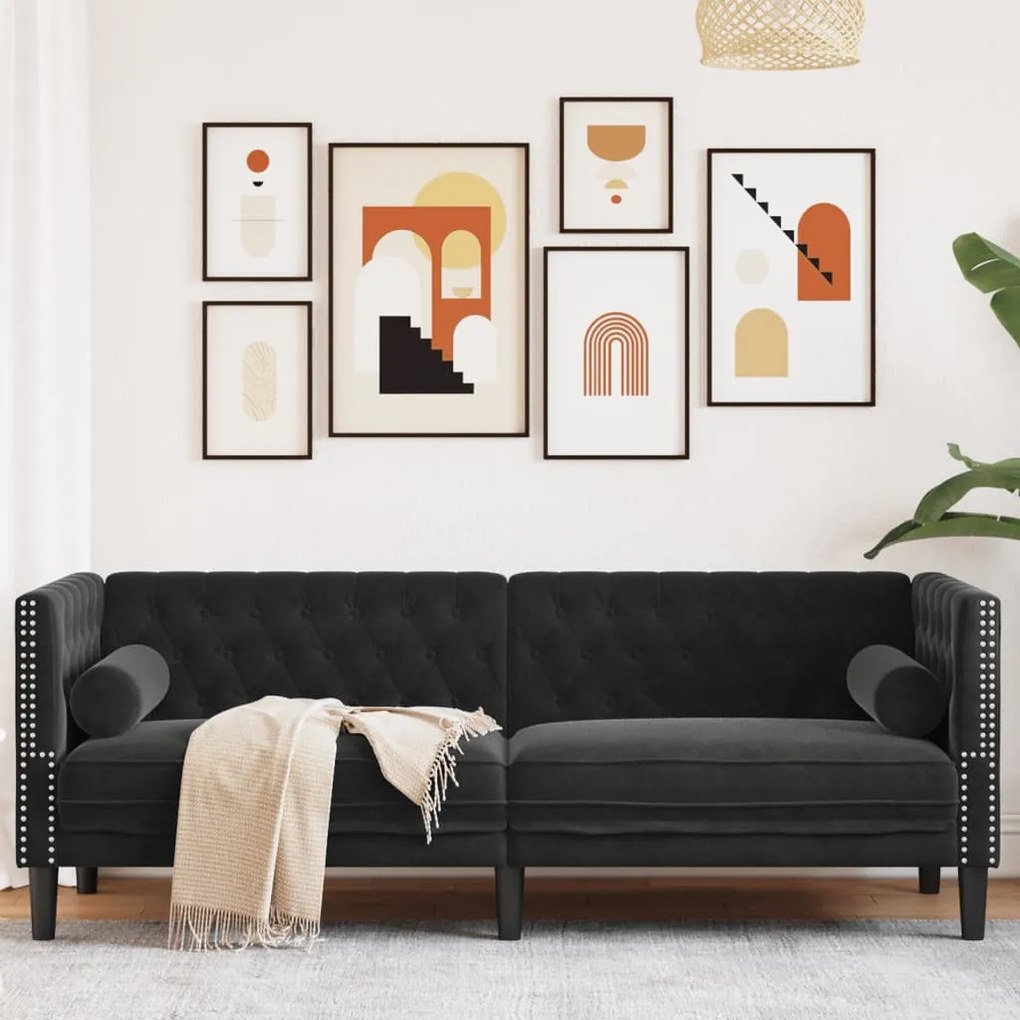 3 személyes fekete bársony Chesterfield kanapé hengerpárnákkal