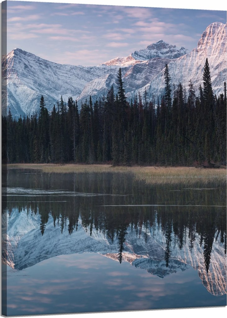 Vászonkép Tópart Víz Erdők Hó hegyek 50x70 cm