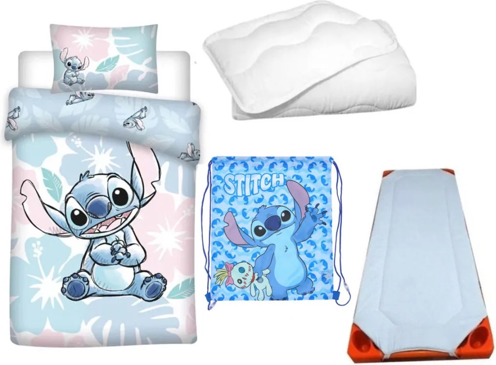 Disney Lilo és Stitch, A csillagkutya Pastel Blue Scrump gyerek, ovis ágyneműhuzat, derékalj, tornazsák és paplan/párna szett 100x135 cm 40x60 cm