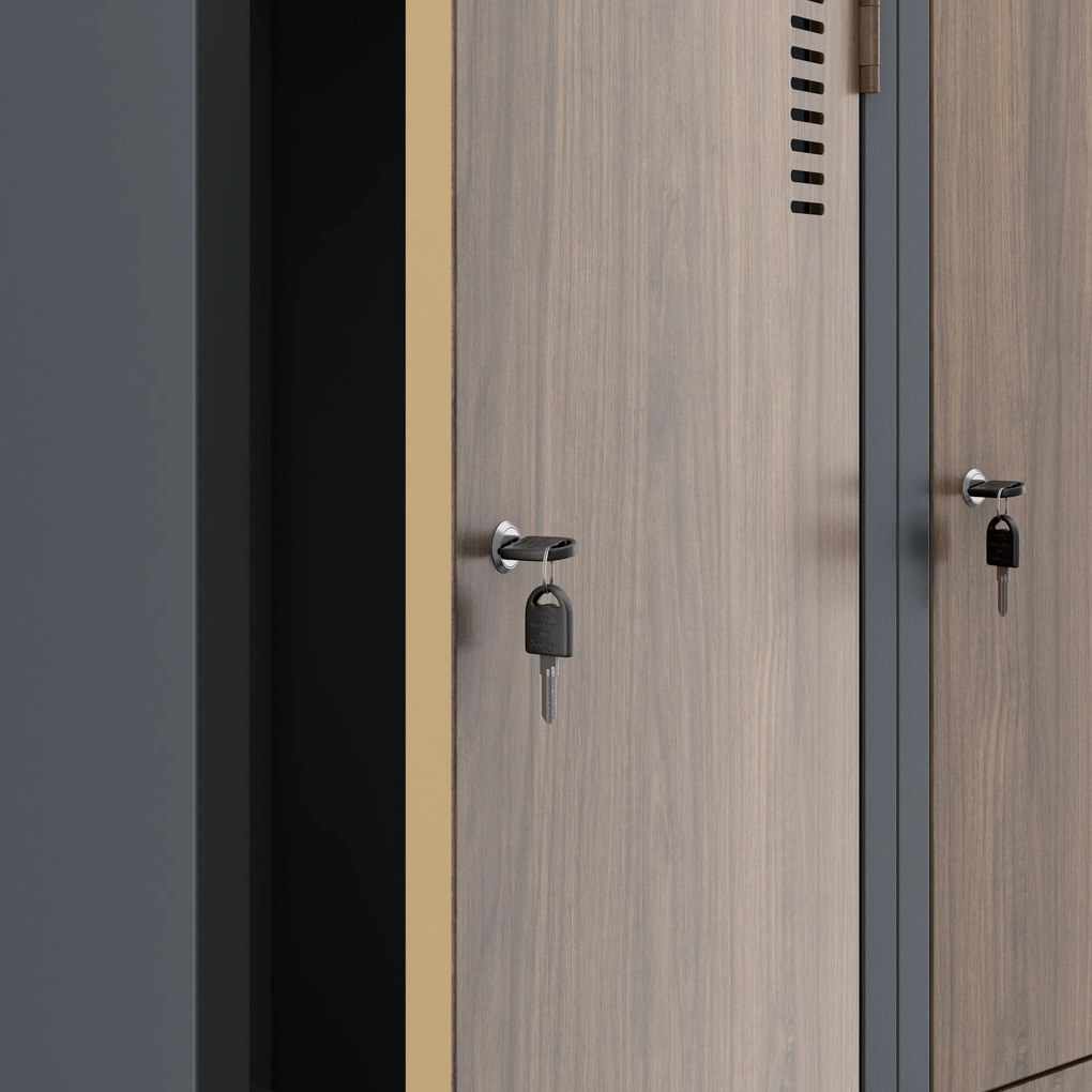 L típusú, négyrekeszes szociális ruhaszekrény, antracit/dió, 800x1850x450 mm: JULIA Eco Design