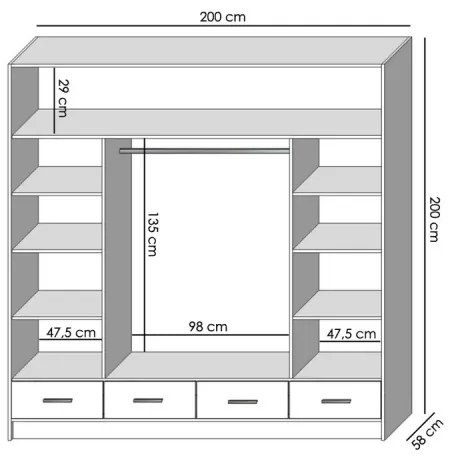 SANNA gardróbszekrény tükörrel, 200x215 cm, sonoma tölgy
