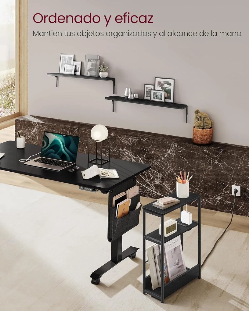 Keskeny oldal asztal töltő funkcióval 3 polcos, 18 x 45 x 58 cm tinta fekete